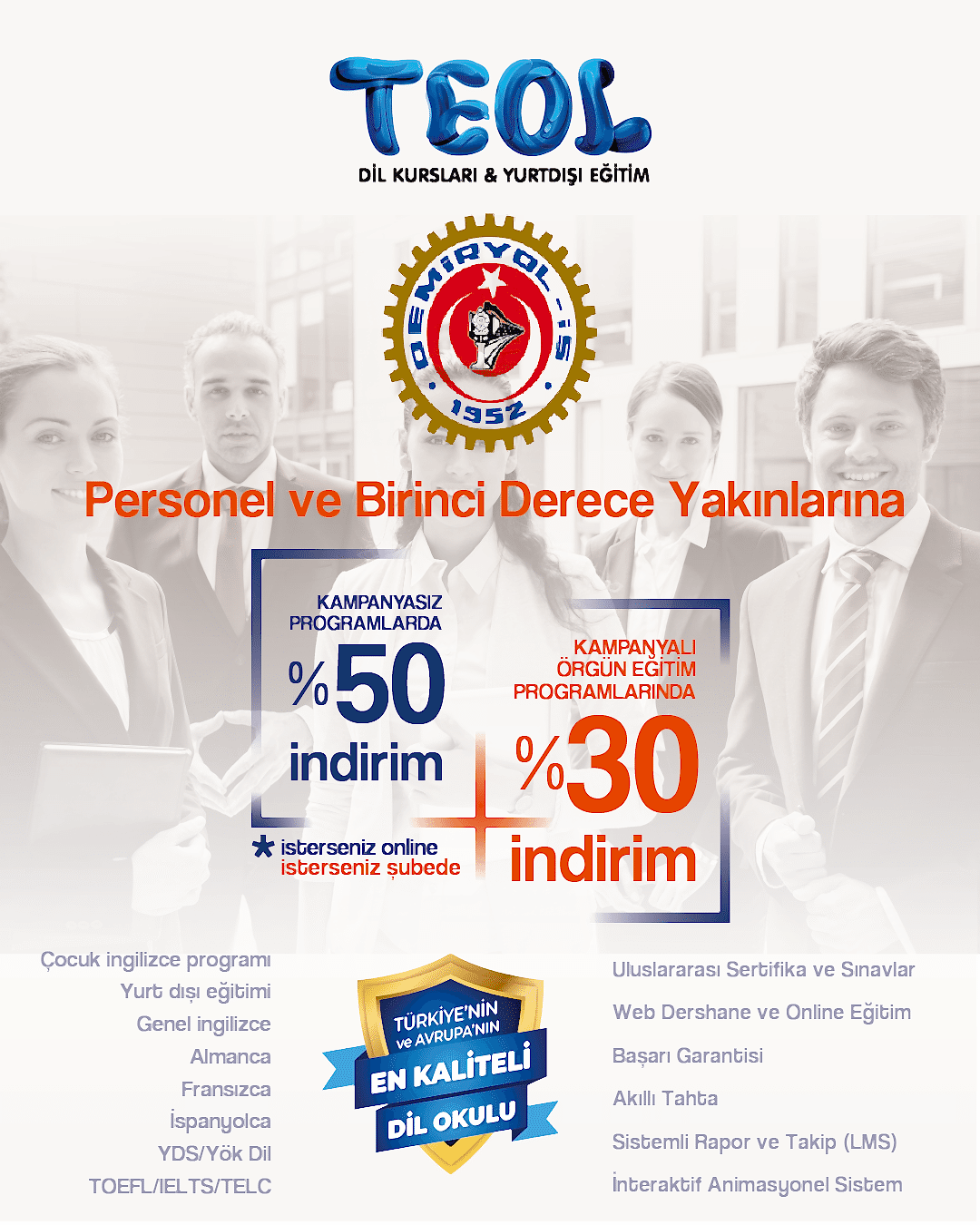 TEOL İZMİR ve DEMİRYOL-İŞ ARASINDA %30 İNDİRİMLİ DİL EĞİTİMİ